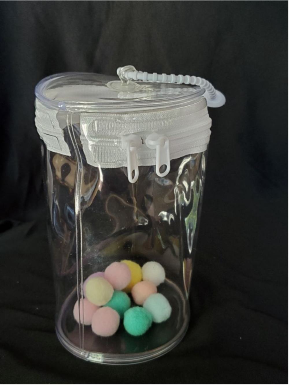 Clear plastic carrier for Doll/Stuff Animals & colorful poms (Doll not included)